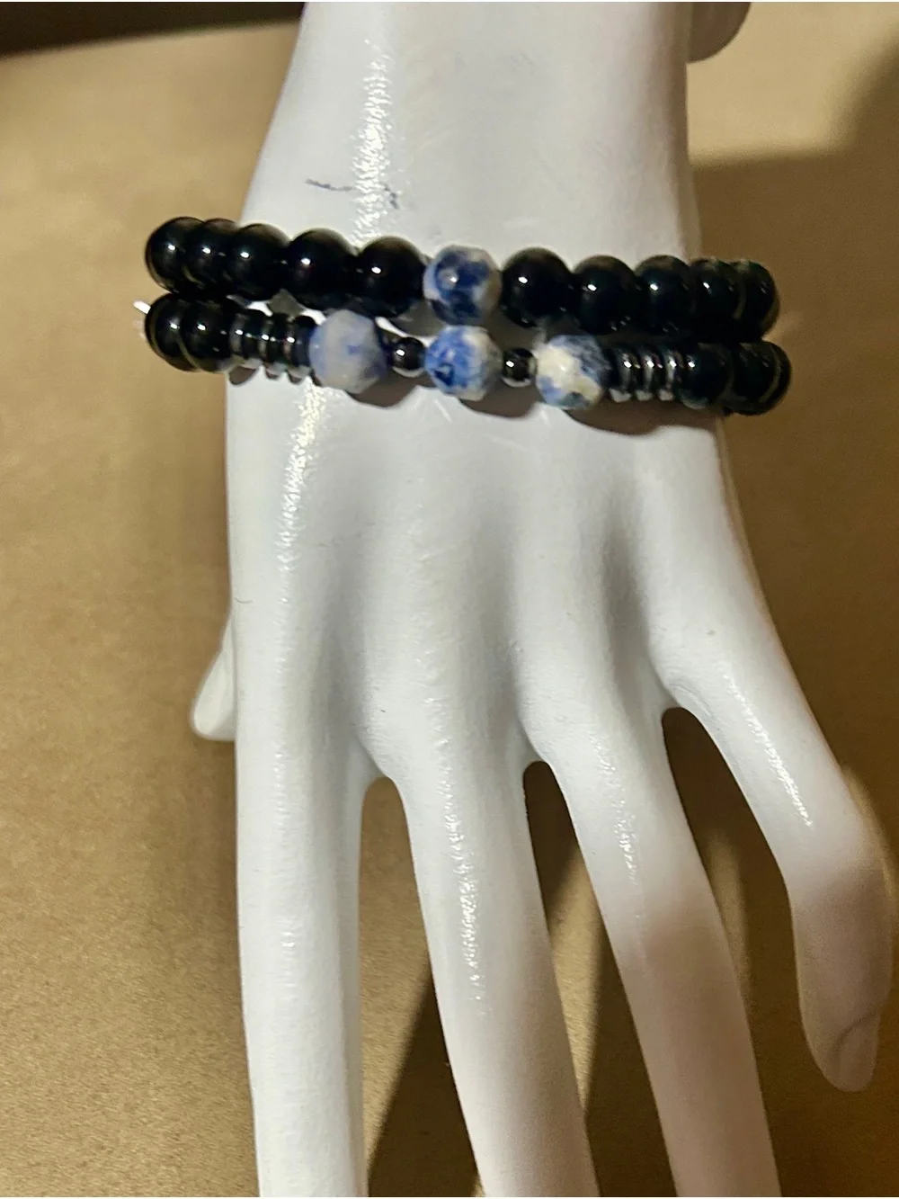 Men's Black Beaded Bracelet Set with Blue Marble Accents